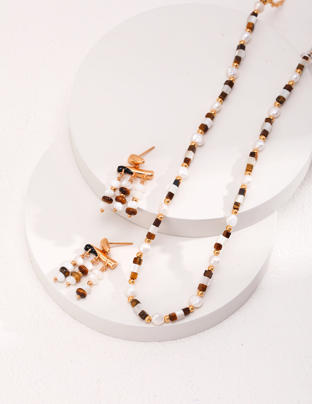 Tiger Eye Stone Pearl Necklace/Earrings