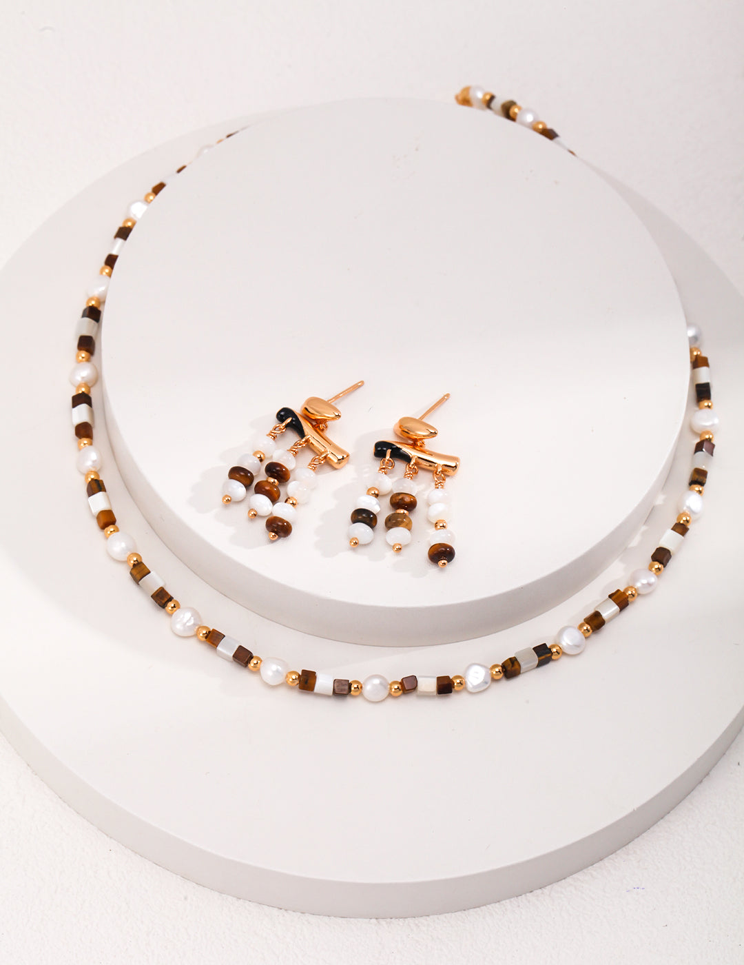 Tiger Eye Stone Pearl Necklace/Earrings