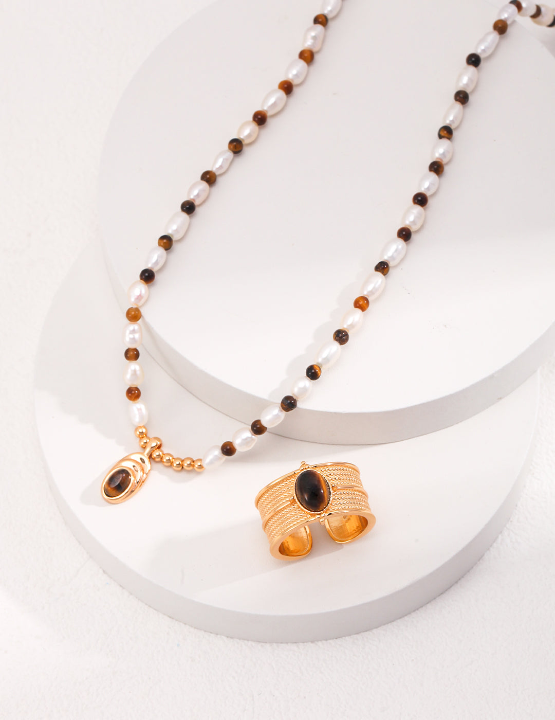 Vintage Tiger Eye Stone Pearl Necklace