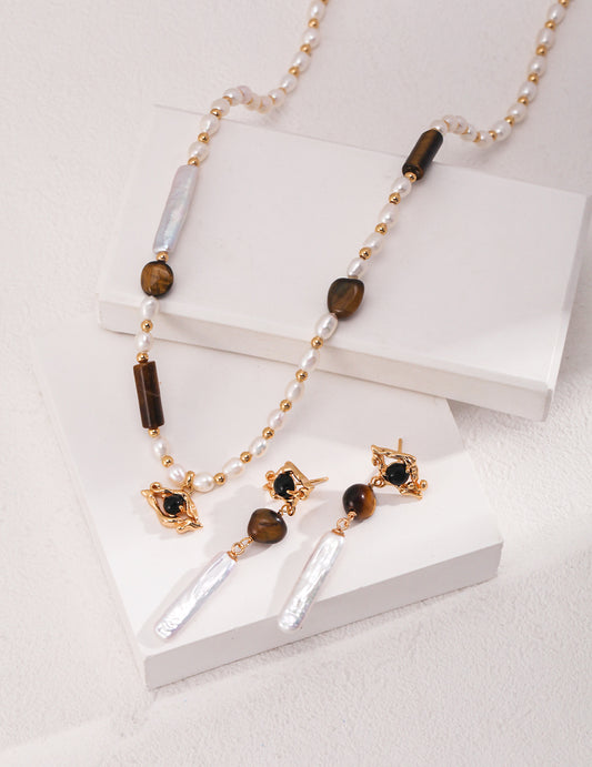 Tiger Eye Stone Pearl Necklace/Earrings