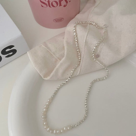 Broken Silver Flat Pearl Necklace