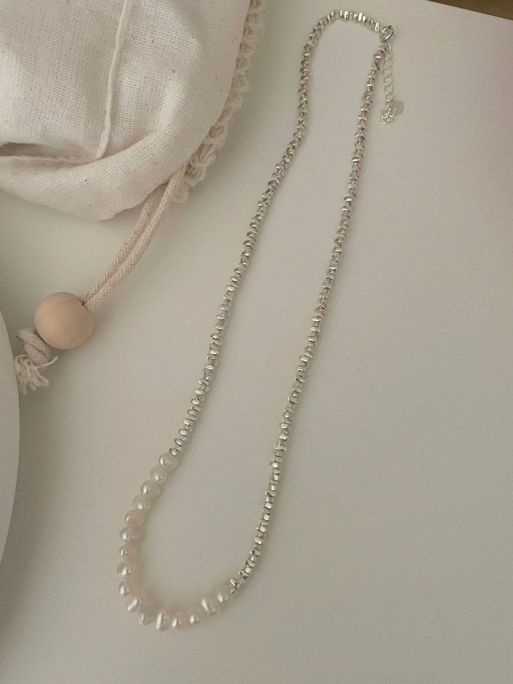 Broken Silver Flat Pearl Necklace